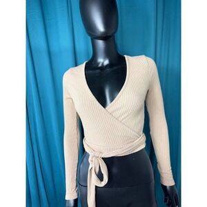 Windsor Wrap Top Ribbed Long Sleeve Tie Front Crop Top Beige Size M